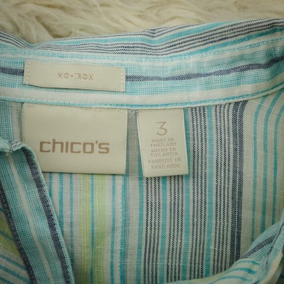 Chico's 3 Size XL Blue Stripe Print Button Tab Sleeve No Iron Linen Tunic Top - Picture 4 of 7